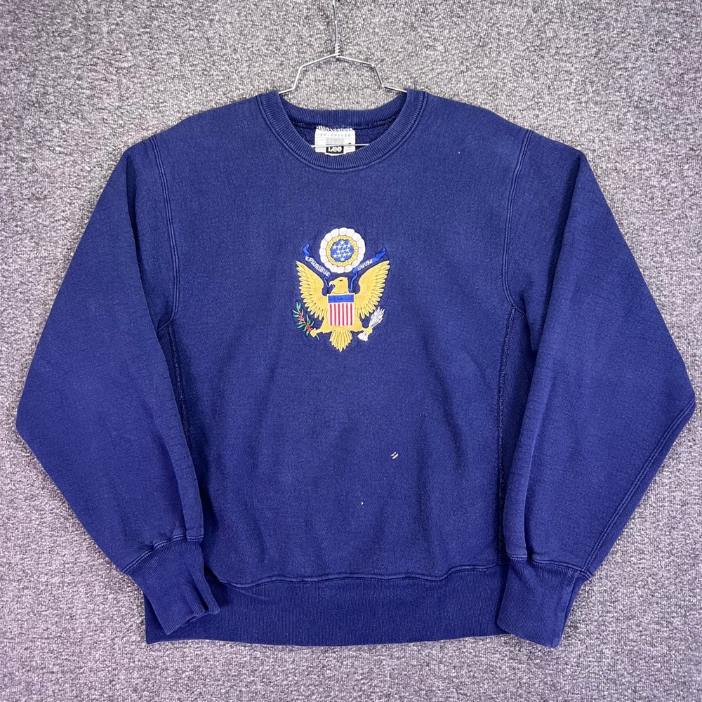 Lee Sweatshirt Mens M Navy Blue Great Seal USA Eagle Embroidered Vintage 90s USA